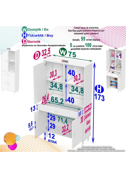 75 x 173 x 32,5 cm 1 Çekmece 3 Kapak 3 Raf 6 Bölmeli Düzenleyici Çok Amaçlı Mutfak Dolabı
