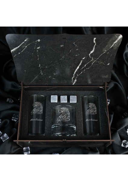 Ahşap Kutulu Kartal Desenli Isme Özel Rakı & Taşlı Viski Kadehi Seti