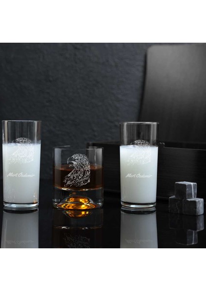 Ahşap Kutulu Kartal Desenli Isme Özel Rakı & Taşlı Viski Kadehi Seti fırsatları