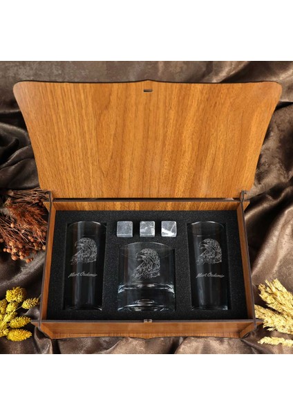 Ahşap Kutulu Kartal Desenli Isme Özel Rakı & Taşlı Viski Kadehi Seti
