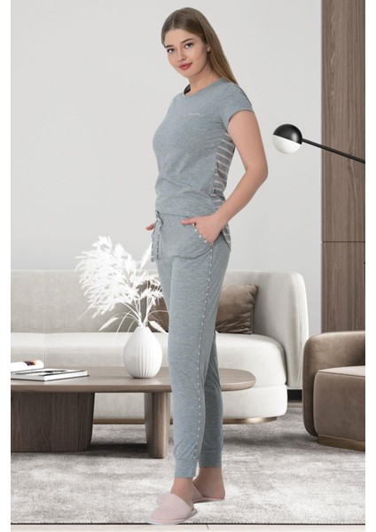 Mecit 6501 Pembe Çizgili 6 Parça Spor Kadın Pijama Gecelik Sabahlık Set