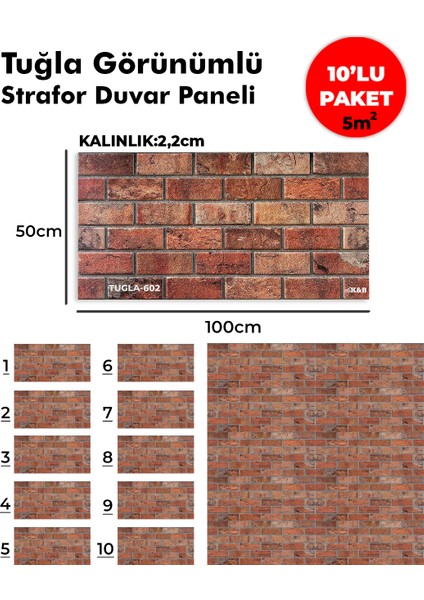Tuğla Görünümlü Strafor Duvar Paneli (10'lu Paket)