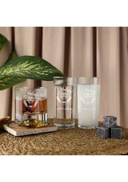 Ahşap Kutulu Aslan Desenli Isme Özel Rakı & Taşlı Viski Kadehi Seti modelleri
