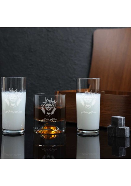 Ahşap Kutulu Aslan Desenli Isme Özel Rakı & Taşlı Viski Kadehi Seti fırsatları
