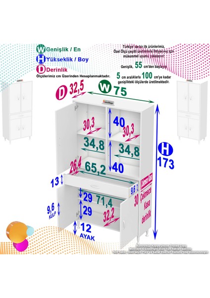75 x 173 x 32,5 cm 1 Çekmece 4 Kapak 3 Raf 6 Bölmeli Çok Amaçlı Mutfak Dolabı