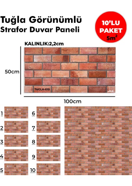 Tuğla Görünümlü Strafor Duvar Paneli (10'lu Paket)