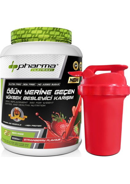 Proteinli Öğün Tozu Öğün Yerine Geçen Besleyici Shake Çilek Aromalı 20 Servis 1000 gr Shaker Hediyeli
