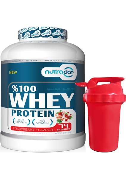 Whey Protein 2257 gr Çilek Aromalı Protein Tozu 24 Gram Protein 74 Servis Shaker Hediyeli