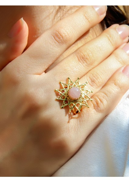 Doğal Taş Pembe Kuvars Doğal Taşlı Yıldız Model Telkari Kadın Ayarlanabilir Altın Kaplama Yüzük EUY60PKG