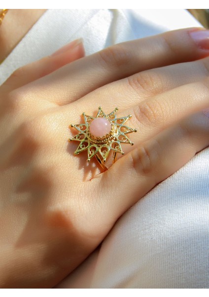 Doğal Taş Pembe Kuvars Doğal Taşlı Yıldız Model Telkari Kadın Ayarlanabilir Altın Kaplama Yüzük EUY60PKG fiyatları