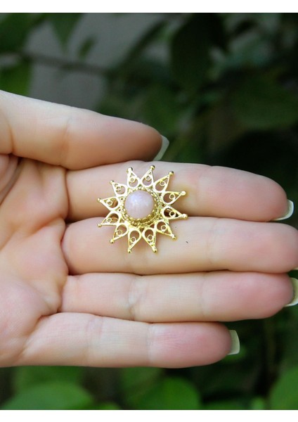 Doğal Taş Pembe Kuvars Doğal Taşlı Yıldız Model Telkari Kadın Ayarlanabilir Altın Kaplama Yüzük EUY60PKG modelleri