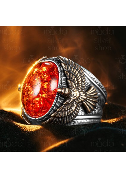 925 Ayar Gümüş Sıkma Kehribar Taşlı Kartal Tasarım Erkek Yüzük