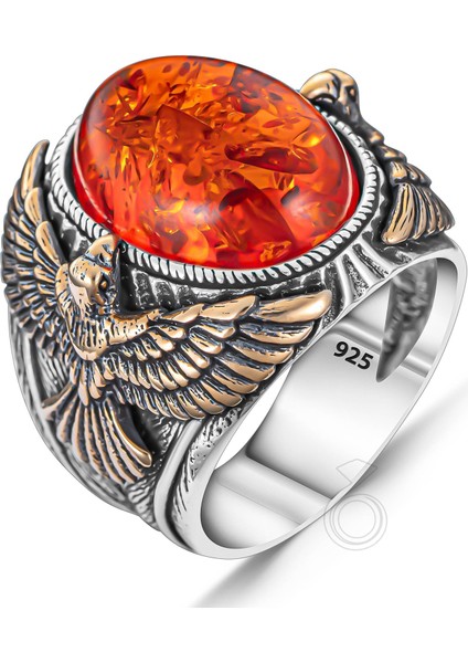 925 Ayar Gümüş Sıkma Kehribar Taşlı Kartal Tasarım Erkek Yüzük fiyatları