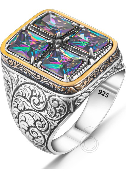 925 Ayar Gümüş Kalem Işlemeli 4'lü Mistik Topaz Taşlı Erkek Yüzük