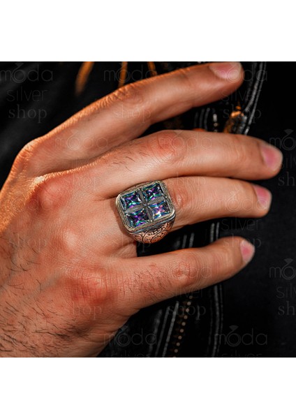 925 Ayar Gümüş Kalem Işlemeli 4'lü Mistik Topaz Taşlı Erkek Yüzük fiyatları