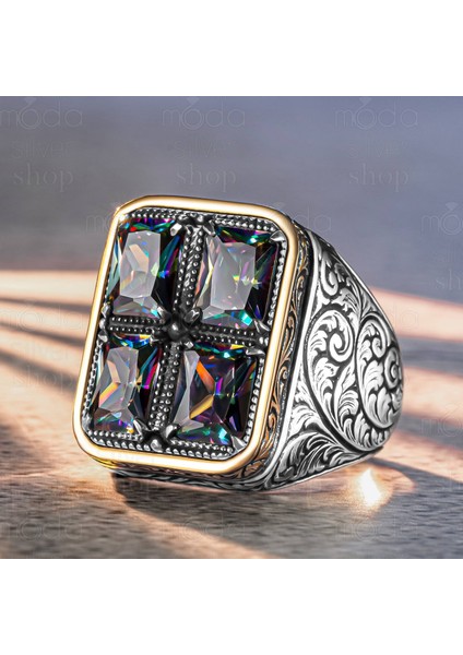 925 Ayar Gümüş Kalem Işlemeli 4'lü Mistik Topaz Taşlı Erkek Yüzük modelleri
