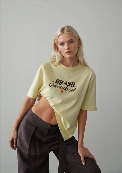 Oversize %100 Pamuk Brasil Rio De Janerio Baskılı Sarı Kadın Tshirt