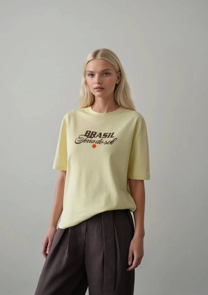 Oversize %100 Pamuk Brasil Rio De Janerio Baskılı Sarı Kadın Tshirt