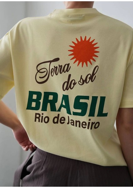 Oversize %100 Pamuk Brasil Rio De Janerio Baskılı Sarı Kadın Tshirt