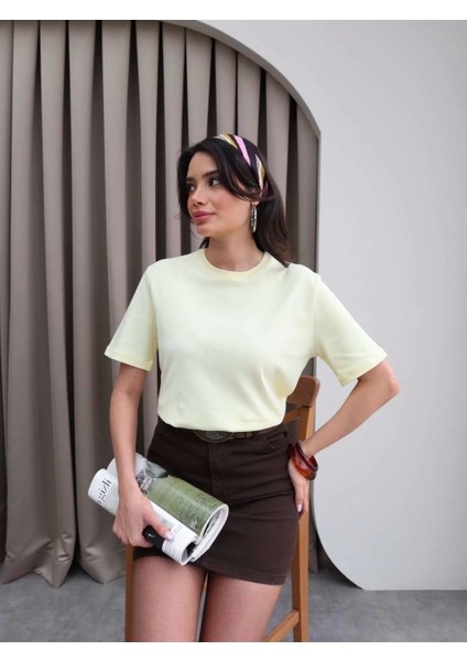 %100 Pamuk Bisiklet Yaka Basic Sarı Kadın T-Shirt