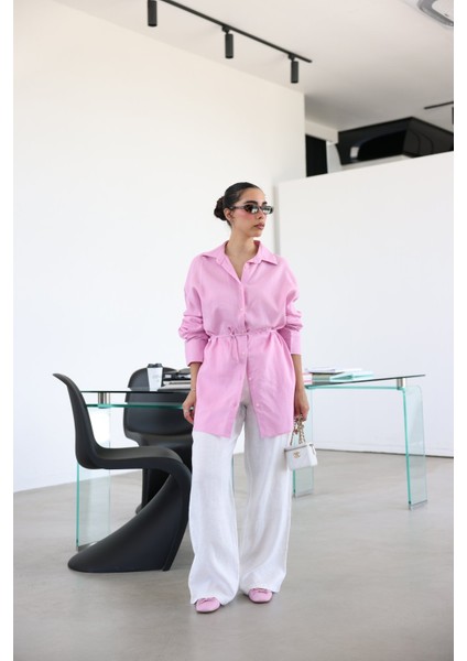 Keten Dokulu Oversize Gömlek