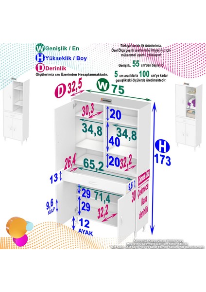 75 x 173 x 32,5 cm 1 Çekmece 5 Raf 8 Bölmeli Düzenleyici Çok Amaçlı Mutfak Dolabı
