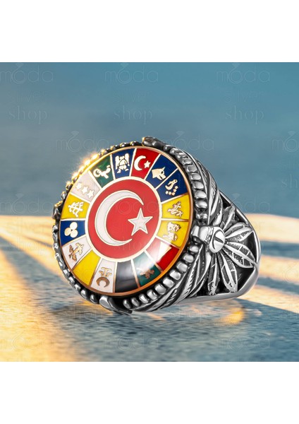 925 Ayar Gümüş 17 Türk Devleti Bayrağı Tasarım Erkek Yüzük