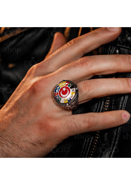 925 Ayar Gümüş 17 Türk Devleti Bayrağı Tasarım Erkek Yüzük modelleri