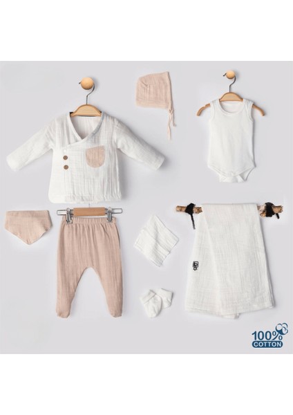 Müslin Kumaş Erkek 8li Yenidoğan Hastane Çıkışı Bej