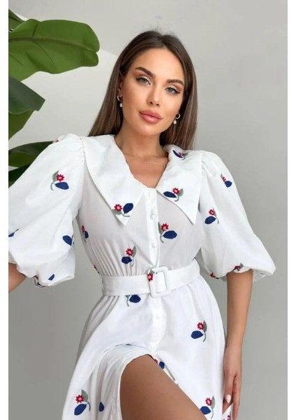 Kırmızı Yakası Çiçek Motifli Kemerli Elbise modelleri