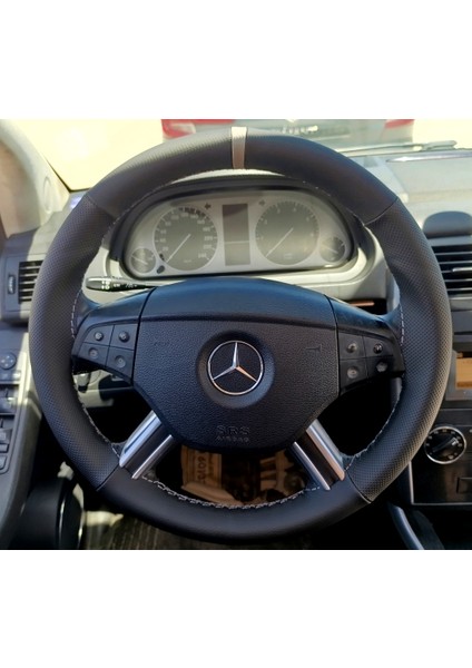 Dikişli Direksiyon Kılıfı Siyah Deri Noktalı Deri Gri Yüzük / Dikiş Mercedes B160 2011 Kasa