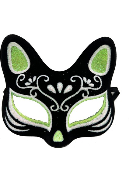 Siyah Renk Süet Kaplama Üzeri Gümüş Yeşil Simli Kedi Maskesi 17x14 Cm (5131)