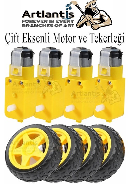Çift Eksenli Motor 4 Adet ve Tekerlek 4 Adet Sarı Dc Motor Arduino Robotik Motor Tekerlek Deney Okul Bilim Araba Yapım