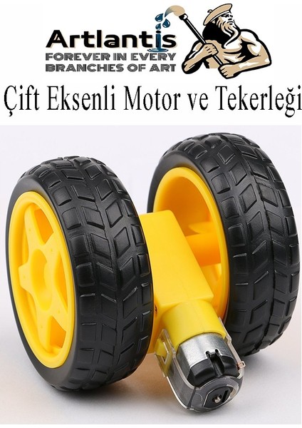 Çift Eksenli Motor 4 Adet ve Tekerlek 4 Adet Sarı Dc Motor Arduino Robotik Motor Tekerlek Deney Okul Bilim Araba Yapım modelleri