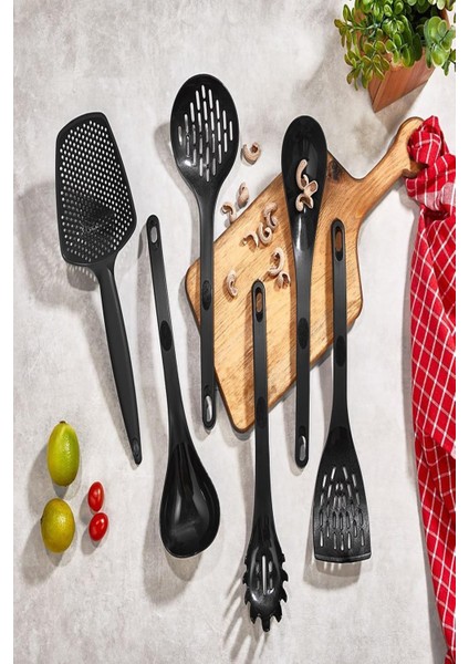 Premium Quality 6 Parça Standlı Servis Seti Kaşık Spatula Kepçe Makarna Kaşığı Süzgeç Seti