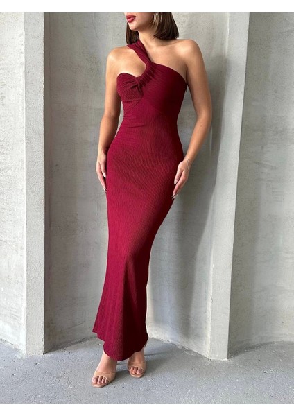 Krinkıl Tek Omuz Uzun Elbise Bordo S25455
