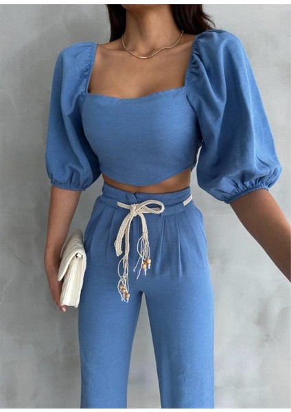 Keten Crop Karpuz Kol Bluz-Pantolon Hasır Kemerli - Mavi