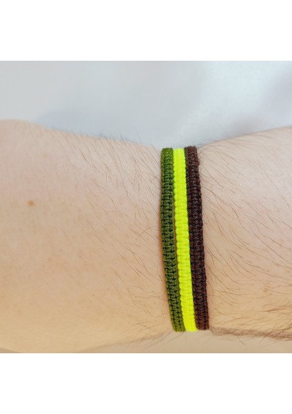 3’lü Ayarlanabilir Makrome Bileklik Seti, El Yapımı Asansörlü Haki Sarı Koyu Kahverengi Renk İp Örgü Bileklik, Hediyelik Örgü Bileklik Seti, Unisex Şık Tasarım Kombin Örgü Bileklik
