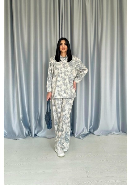 Gri Leopar Desenli Ceket ve Pantolon Keten Takım