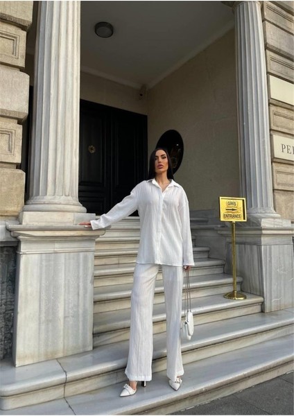 Kendinden Desenli Krınkıll Gömlek - Pantolon Tk - Beyaz