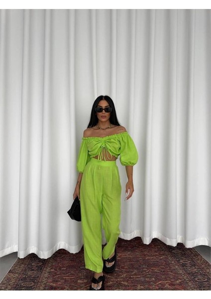Keten Crop Bluz Büzgü Yaka + Pantolon Takım - Yeşil
