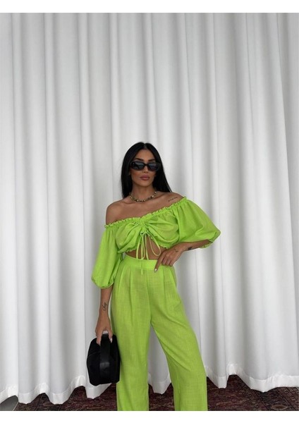 Keten Crop Bluz Büzgü Yaka + Pantolon Takım - Yeşil