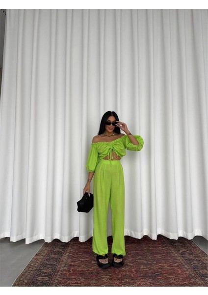 Keten Crop Bluz Büzgü Yaka + Pantolon Takım - Yeşil