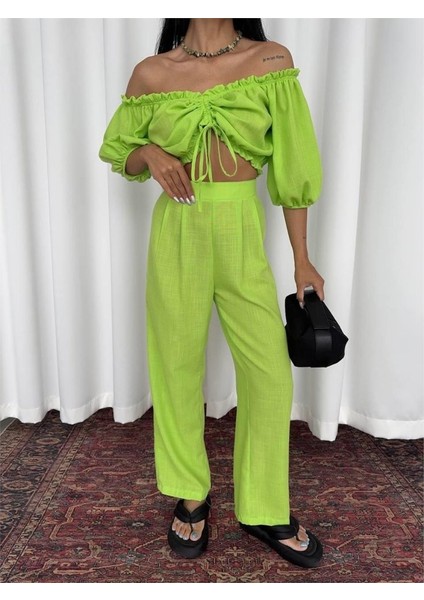 Keten Crop Bluz Büzgü Yaka + Pantolon Takım - Yeşil
