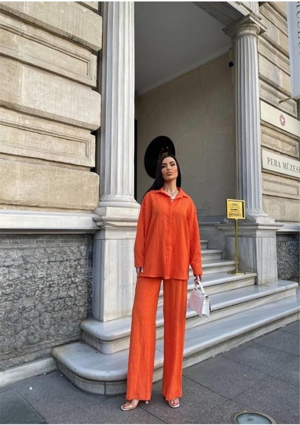 Kendinden Desenli Krınkıll Gömlek - Pantolon Tk - Orange