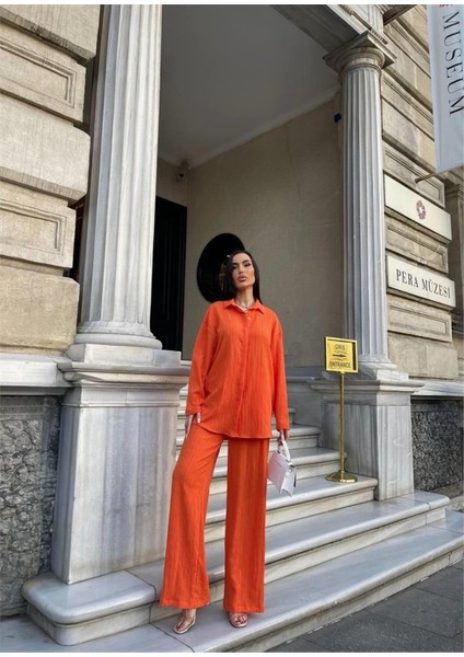 Kendinden Desenli Krınkıll Gömlek - Pantolon Tk - Orange