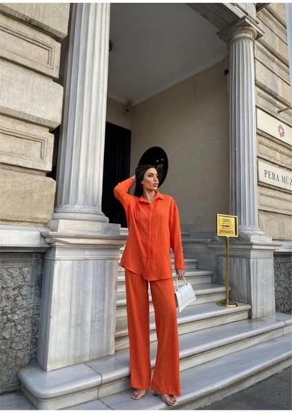 Kendinden Desenli Krınkıll Gömlek - Pantolon Tk - Orange