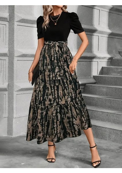 Kadın Kısa Kollu Bisiklet Yaka Üst Ithal Krep Alt Süprem Maksi Boy Elbise