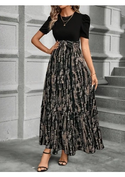 Kadın Kısa Kollu Bisiklet Yaka Üst Ithal Krep Alt Süprem Maksi Boy Elbise fiyatları