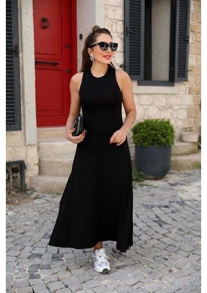 Kadın Arkadan Çapraz Detay Yuvarlak Yaka Maksi Viskon Elbise fiyatları